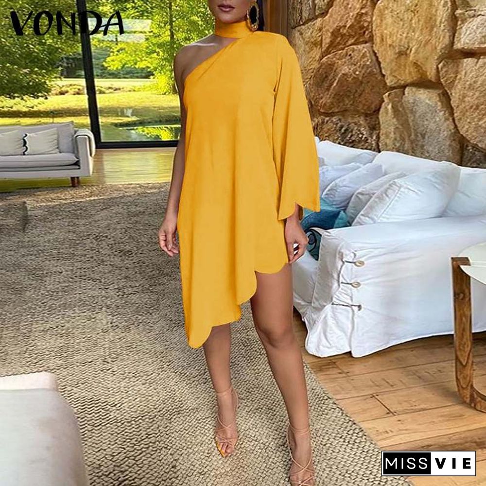 Elegant Office Dress VONDA Women Party Dress Casual Solid Stylish Mini Dresses Beach Sundress Femme Robe