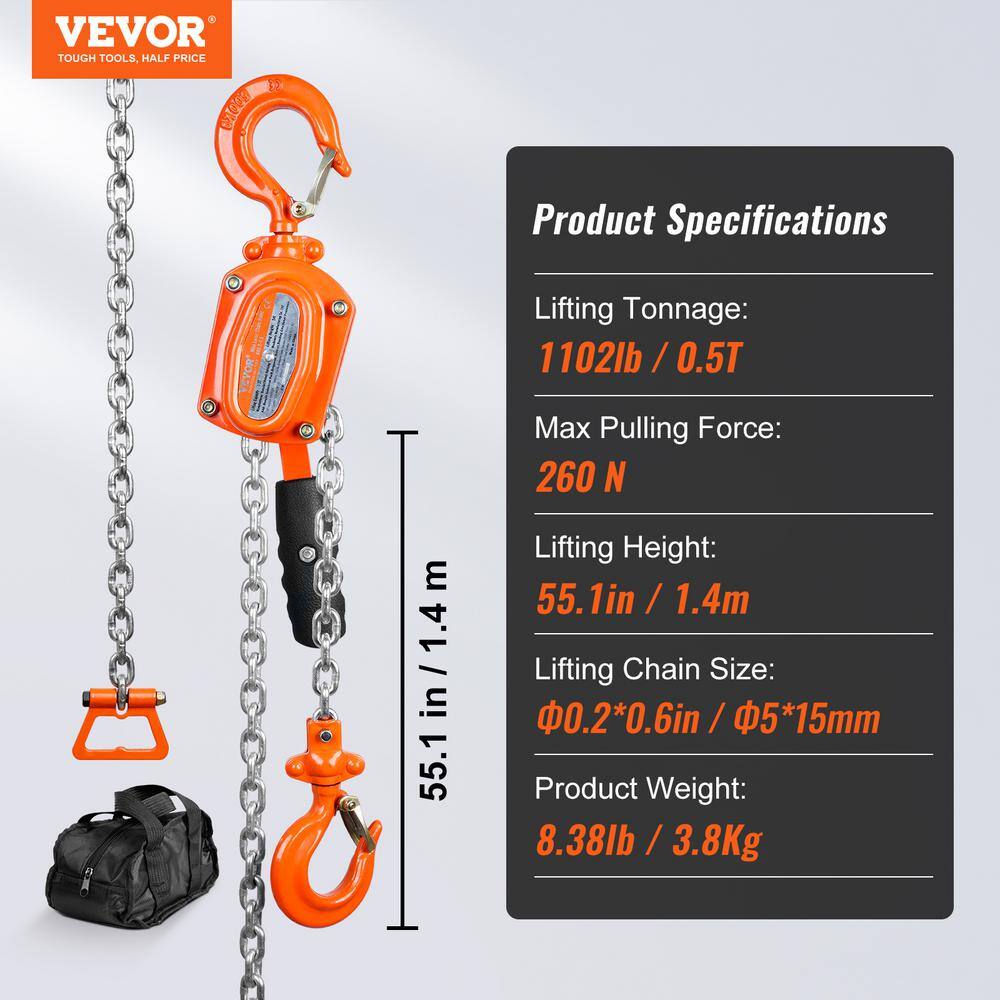 VEVOR 12 Ton Manual Lever Chain Hoist 5 ft. Long Chain Hoist with 360 Rotation Hook and Double-Pawl Brake MNSBHLH12T5FT2QE1V0