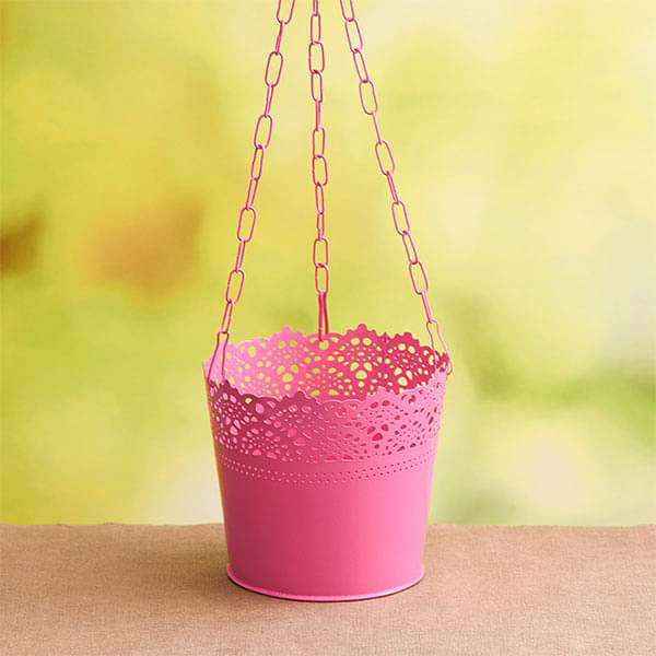 6.5 inch (17 cm) Aching Hanging Round Metal Pot with Chain (Pink) (set of 3)