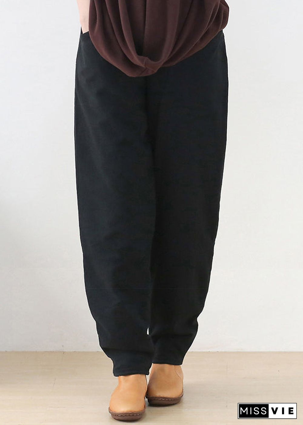 Black Elastic Waist Thick Beam Pants Winter