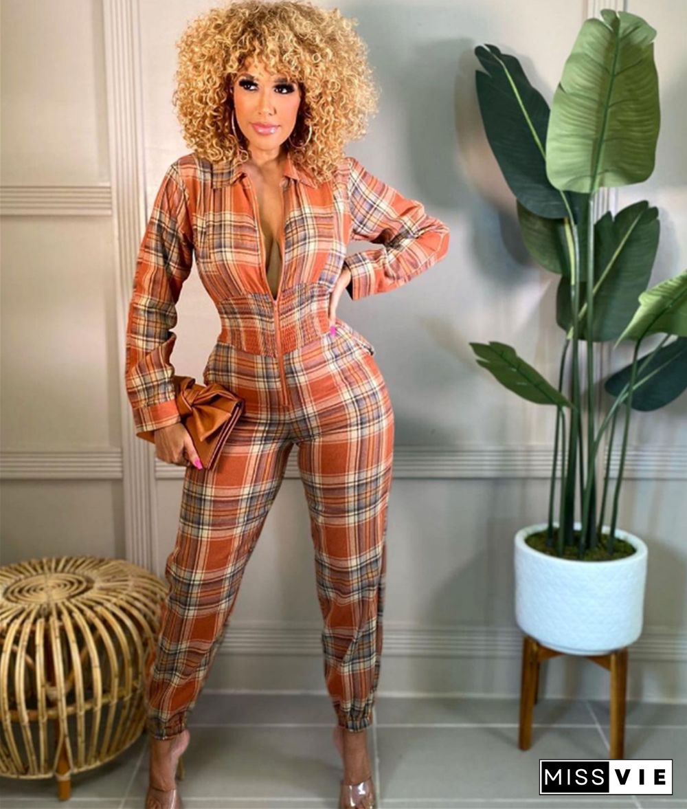 Plaid Print Long Sleeve Zipper One Piece Jumpsuit