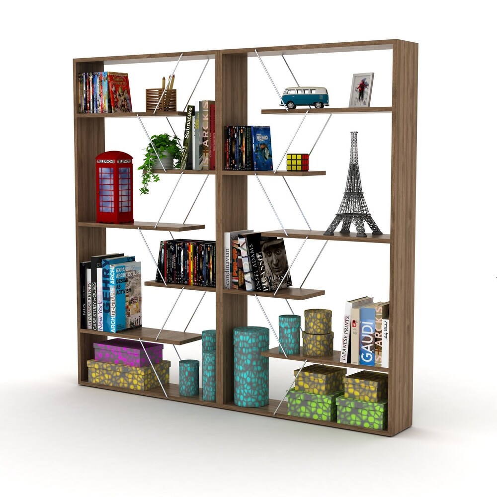 Walnut/Yellow Etagere Large Organizer Open Back 6 Shelves Industrial Bookshelf