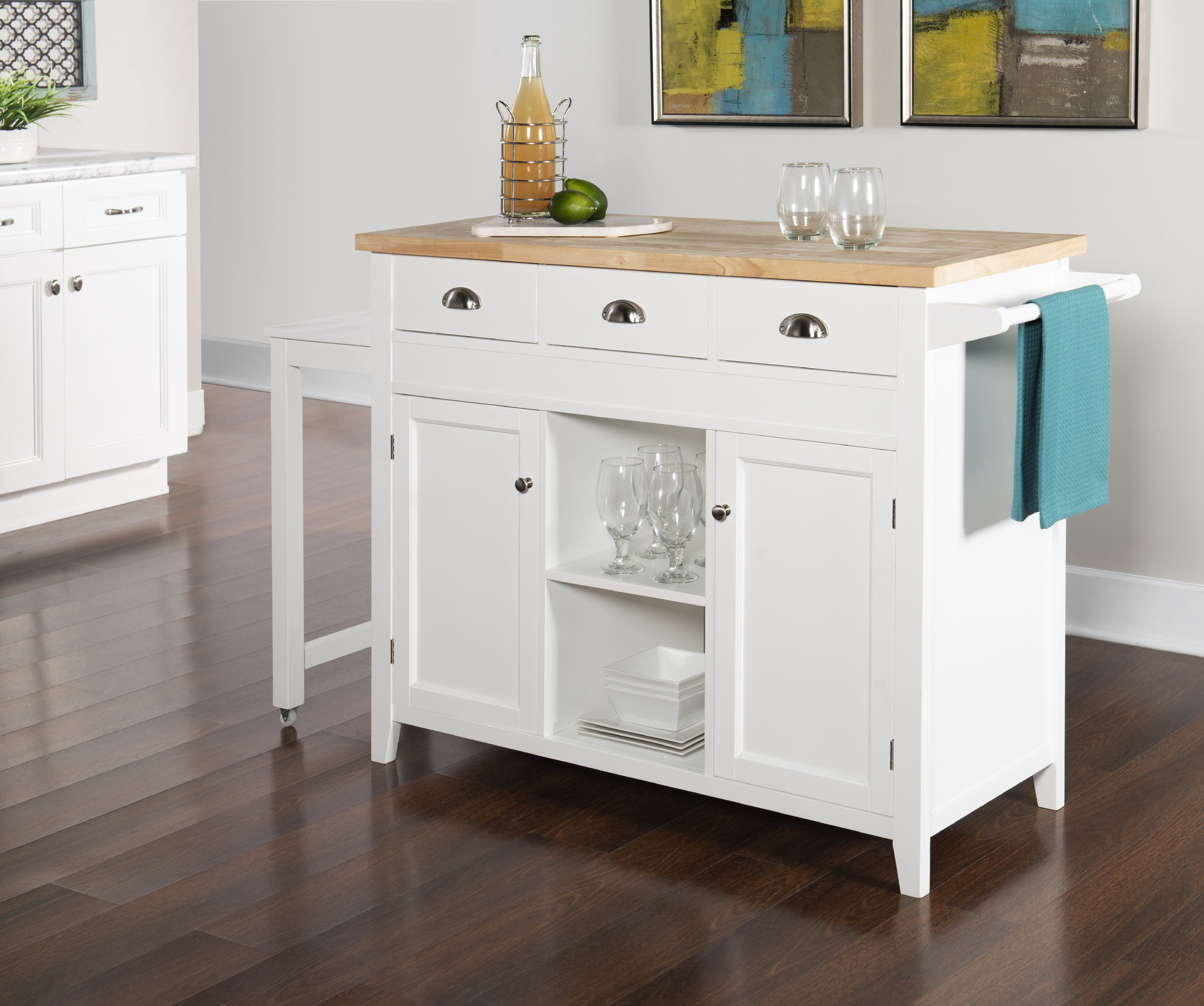 Linon Statum 3-Drawer Expandable Kitchen Cart with Open Shelves， White Finish