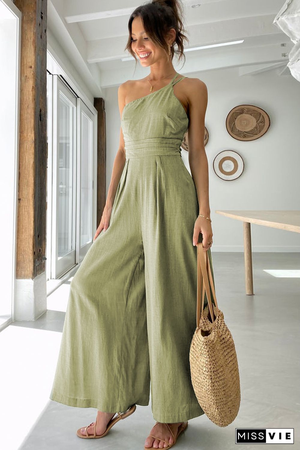 Green Asymmetric Thin Straps One-shoulder Wide Leg Jumpsuit