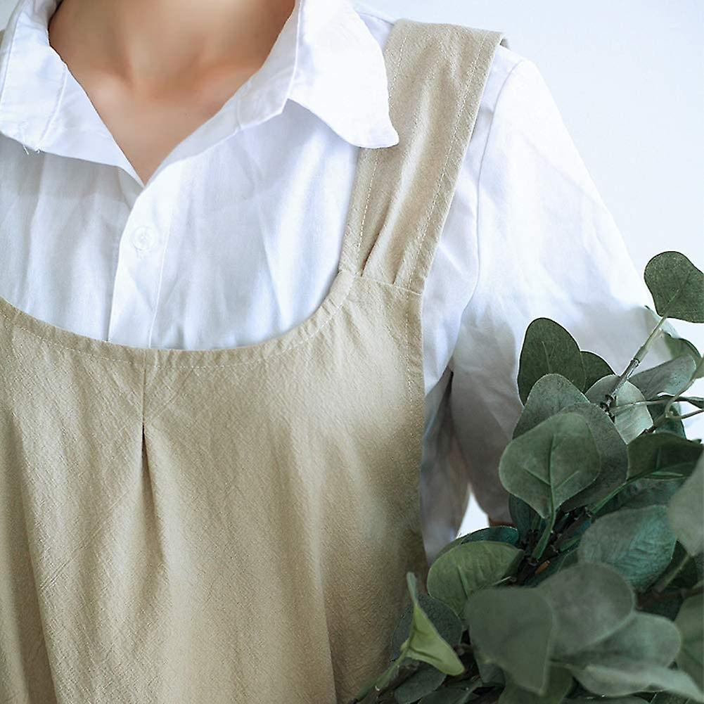 Japanese Linen Cross Back Kitchen Cooking Aprons For Women With Pockets Cute For Baking Painting Gardening Cleaning Khaki