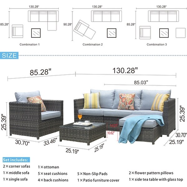 OVIOS Patio Furniture Deep Seat Wicker 6piece Set with Cushions