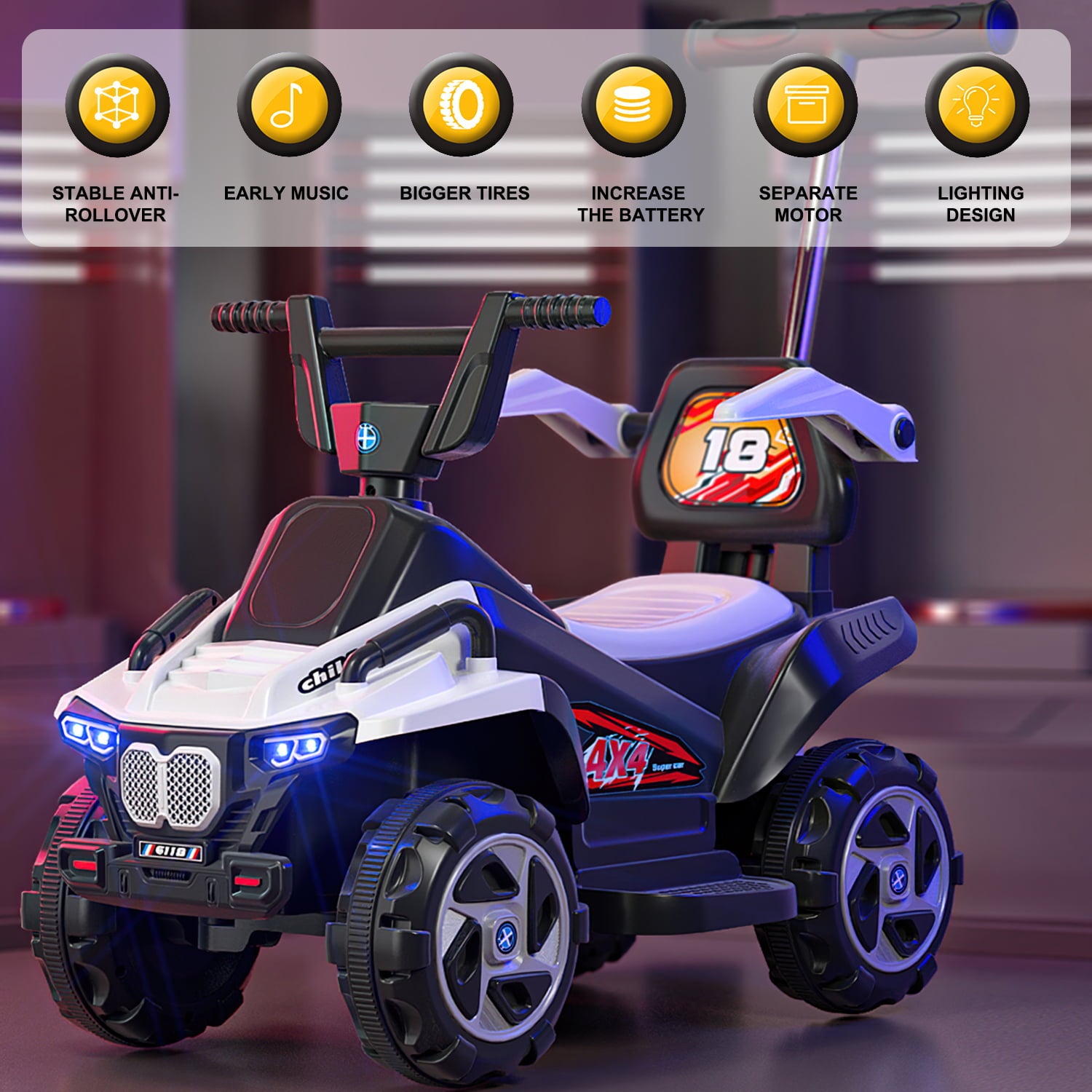 Werseon 6V Kids Ride-On Electric ATV, 4-Wheeler Quad Car Toy with LED Headlights, Bluetooth