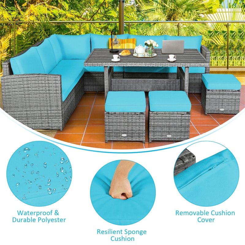 7 Pcs Rattan Patio Dining Furniture Sectional Sofa Set with Dining Table, Ottomans & Cushions