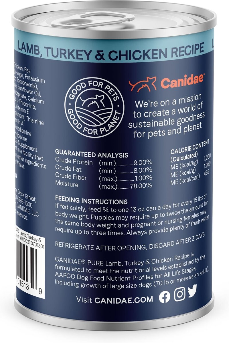 CANIDAE PURE All Stages Grain-Free Limited Ingredient Lamb， Turkey and Chicken Recipe Canned Dog Food， 13-oz