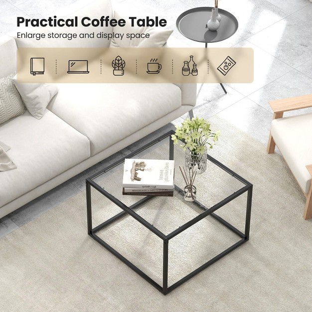 Tangkula Glass Coffee Table 27 5 Inch Modern Square Metal Frame Living Room Transparent