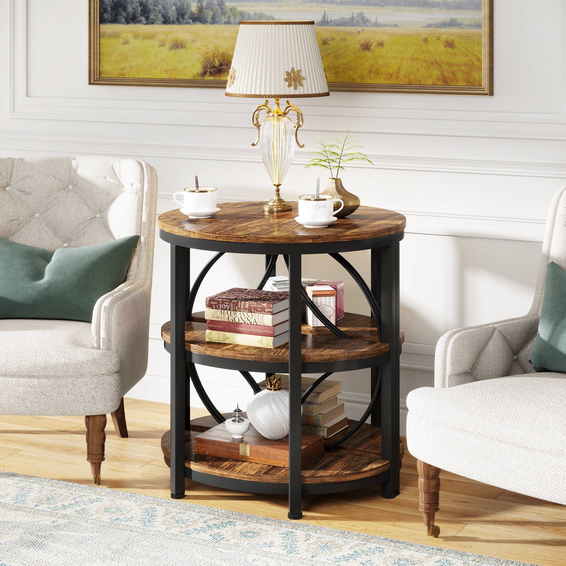 Half-Round End Table, 3-Tier Narrow Side Table with Metal Frame