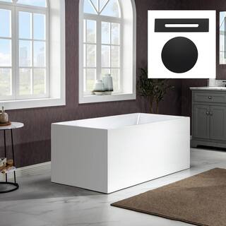 WOODBRIDGE Ahri 59 in. Acrylic Flatbottom Rectangle Bathtub with Matte Black Overflow and Drain Included in White HBT5897