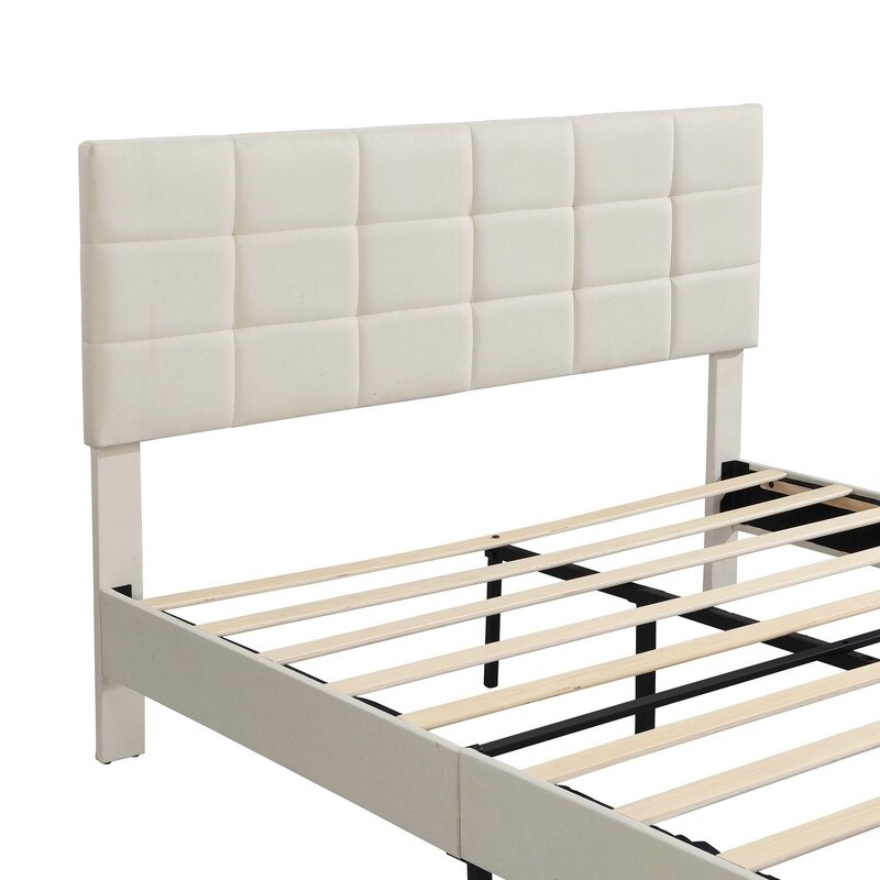 Beige Upholstered Platform Bed with Fabric Upholstered Headboard and Wooden Slats