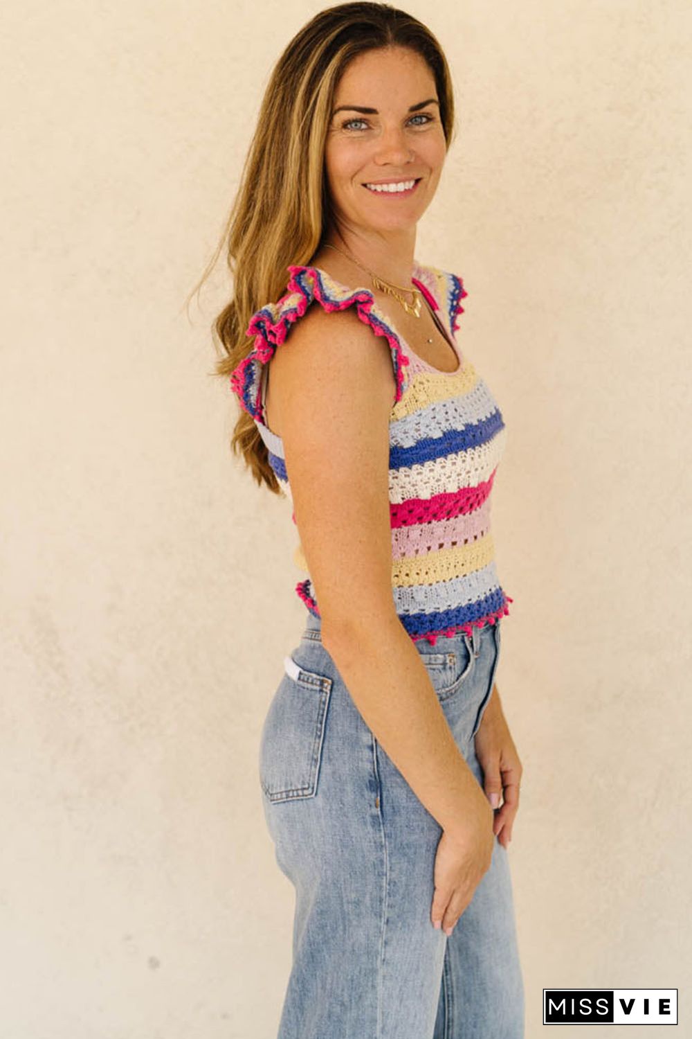 Multicolor Stripe Square Neck Crochet Knit Crop Tank Top