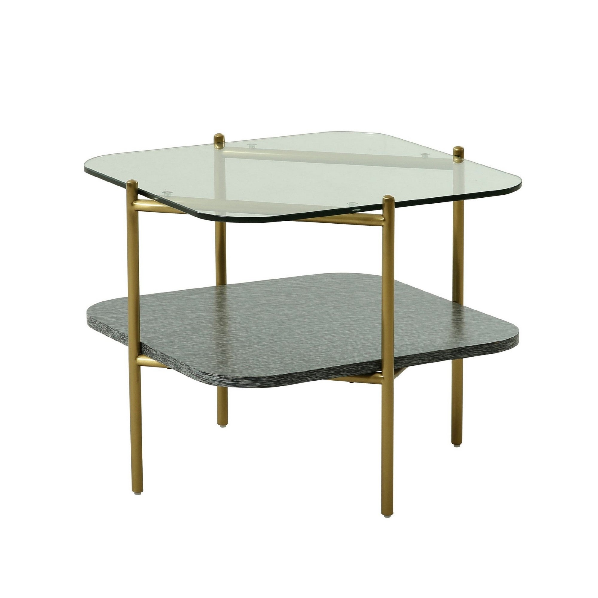 Cid Troy 24 Inch Modern 2 Tier End Table， Glass Top， Gold Metal Legs， Gray