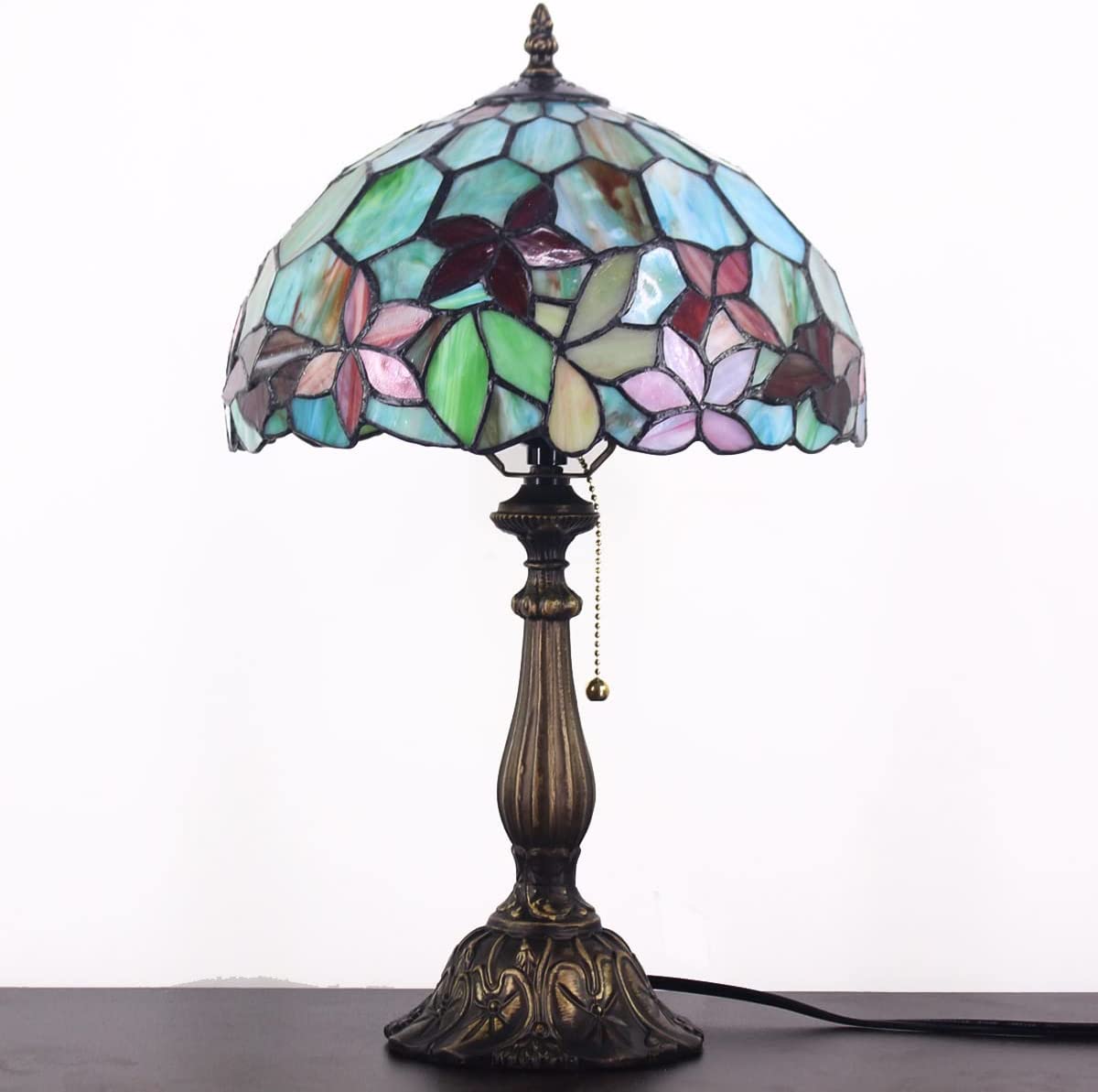 SHADY Tiffany Style Table Lamp W12H19 Inch Stained Glass Flower Antique Bedside Nightstand Desk Reading Lamp Work Study Desktop Light Decor Home Kids Bedroom Living Room Office Pull Chain