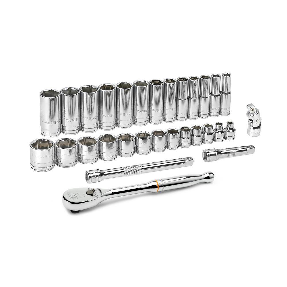 GEARWRENCH 38 in. Drive 6-Point Standard  Deep SAE 90-Tooth Ratchet and Socket Mechanics Tool Set (30-Piece) 80569