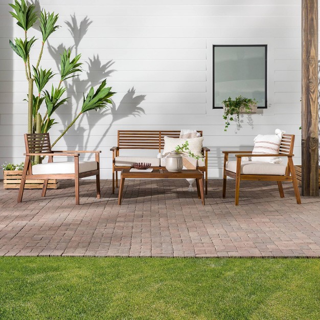 Saracina Home 4pc Mid century Modern Slatted Acacia Outdoor Patio Conversation Furniture Set