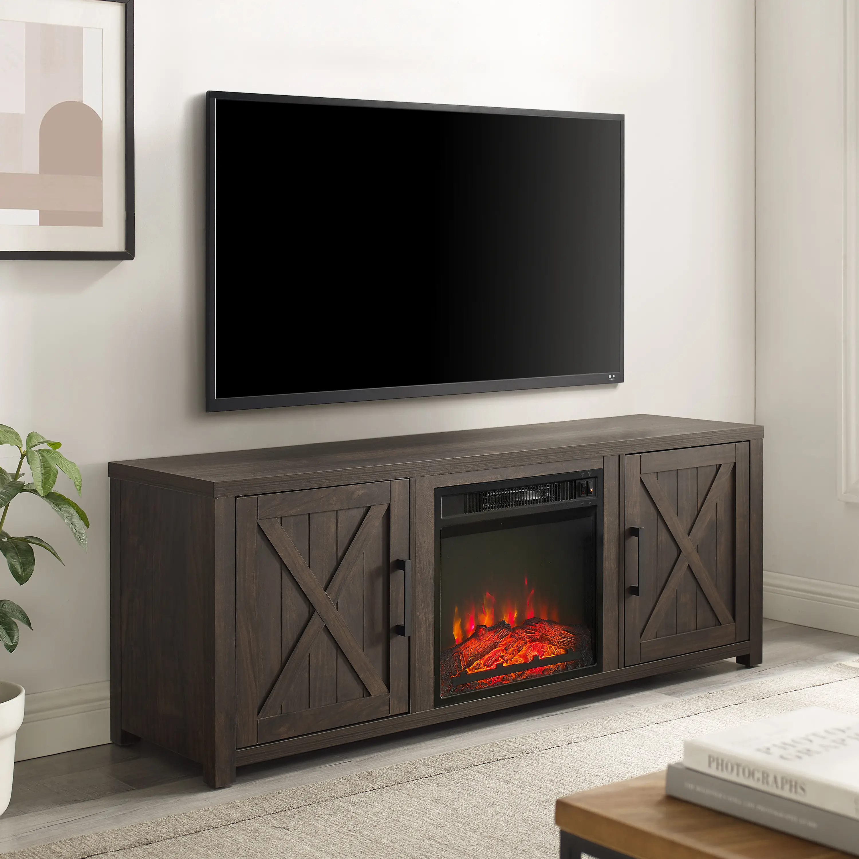 Gordon 58 Walnut Brown TV Stand with Fireplace