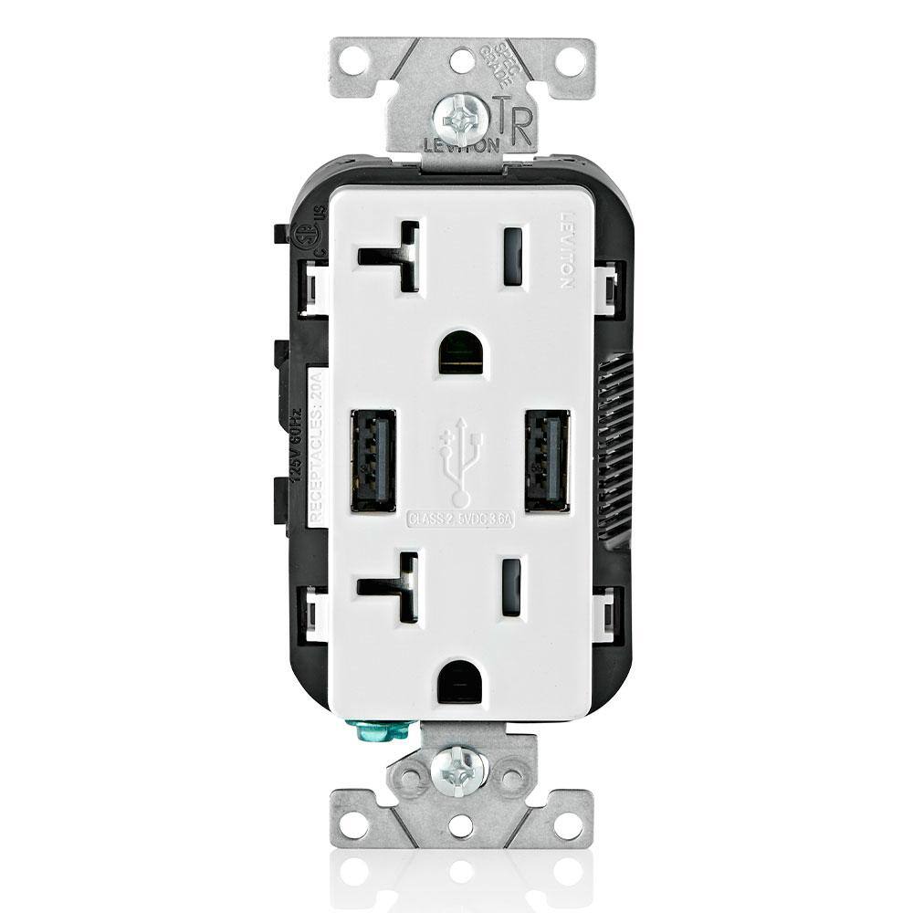 Leviton Decora 20 Amp 125-Volt Combination Duplex Outlet and USB Outlet White R02-T5832-0BW