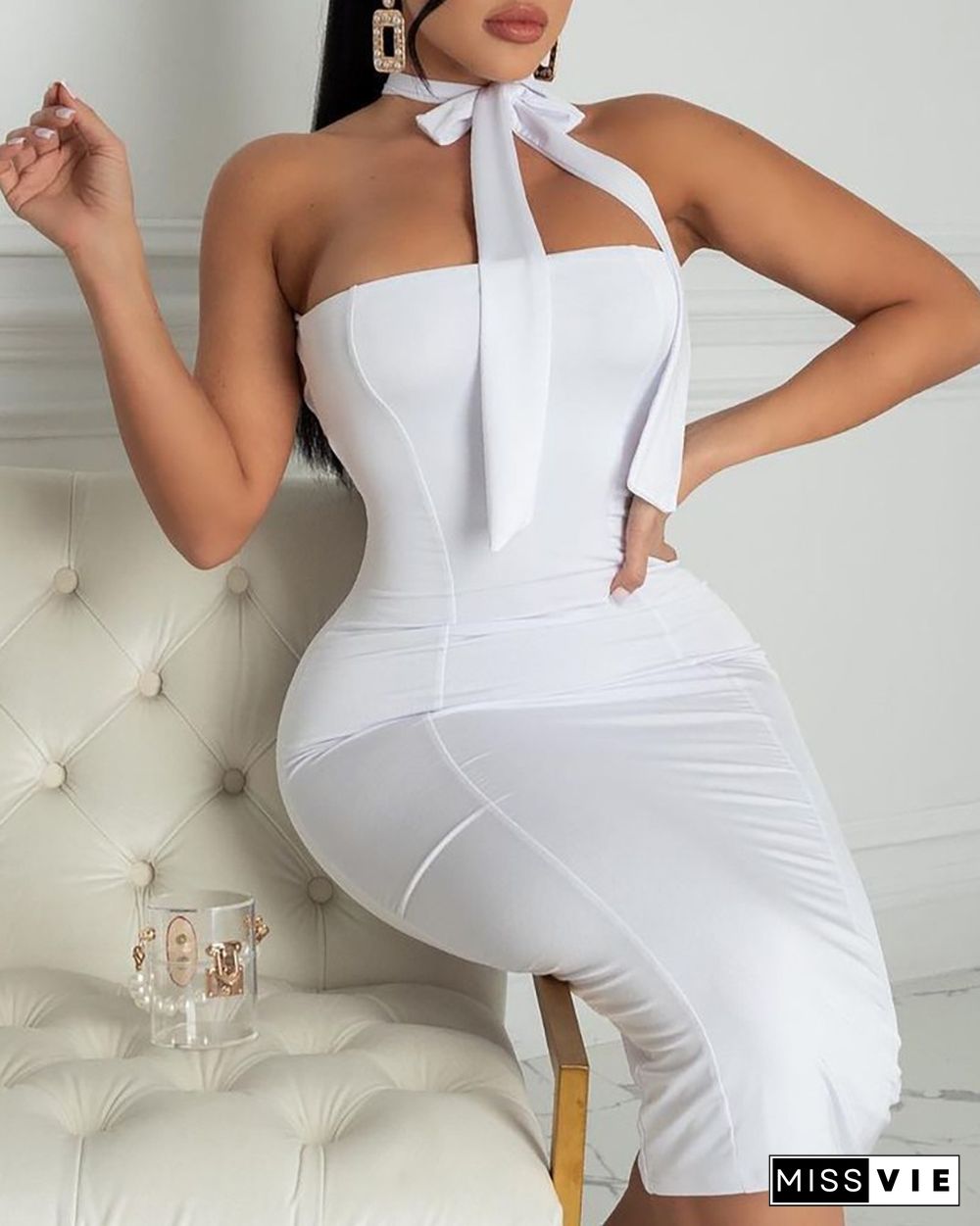 Tie Neck Plain Backless Bodycon Dress