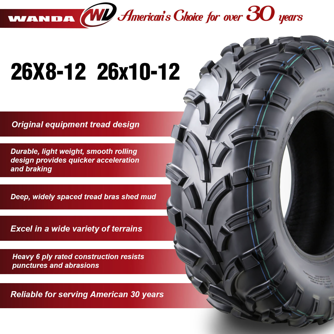 Set of 4 WANDA ATV/UTV Tires 26x8-12 26x8x12 Front and 26x10-12 26x10x12 Rear /6PR - 10257/10258