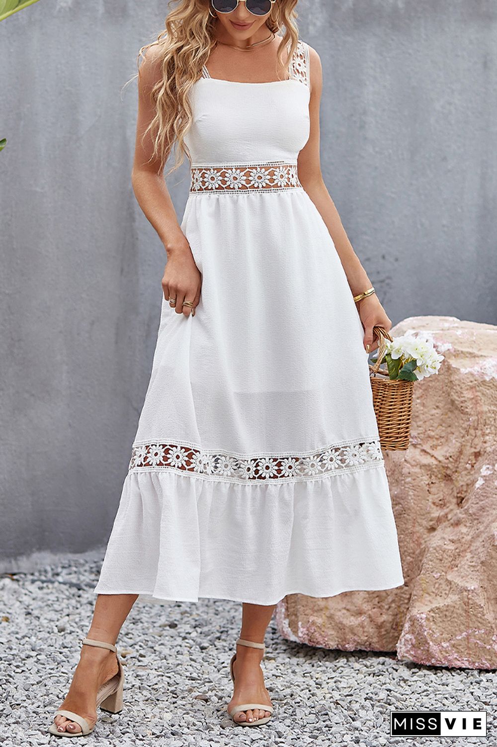 Lace Strap Square Neck Hollow Out Waist Maxi Dress