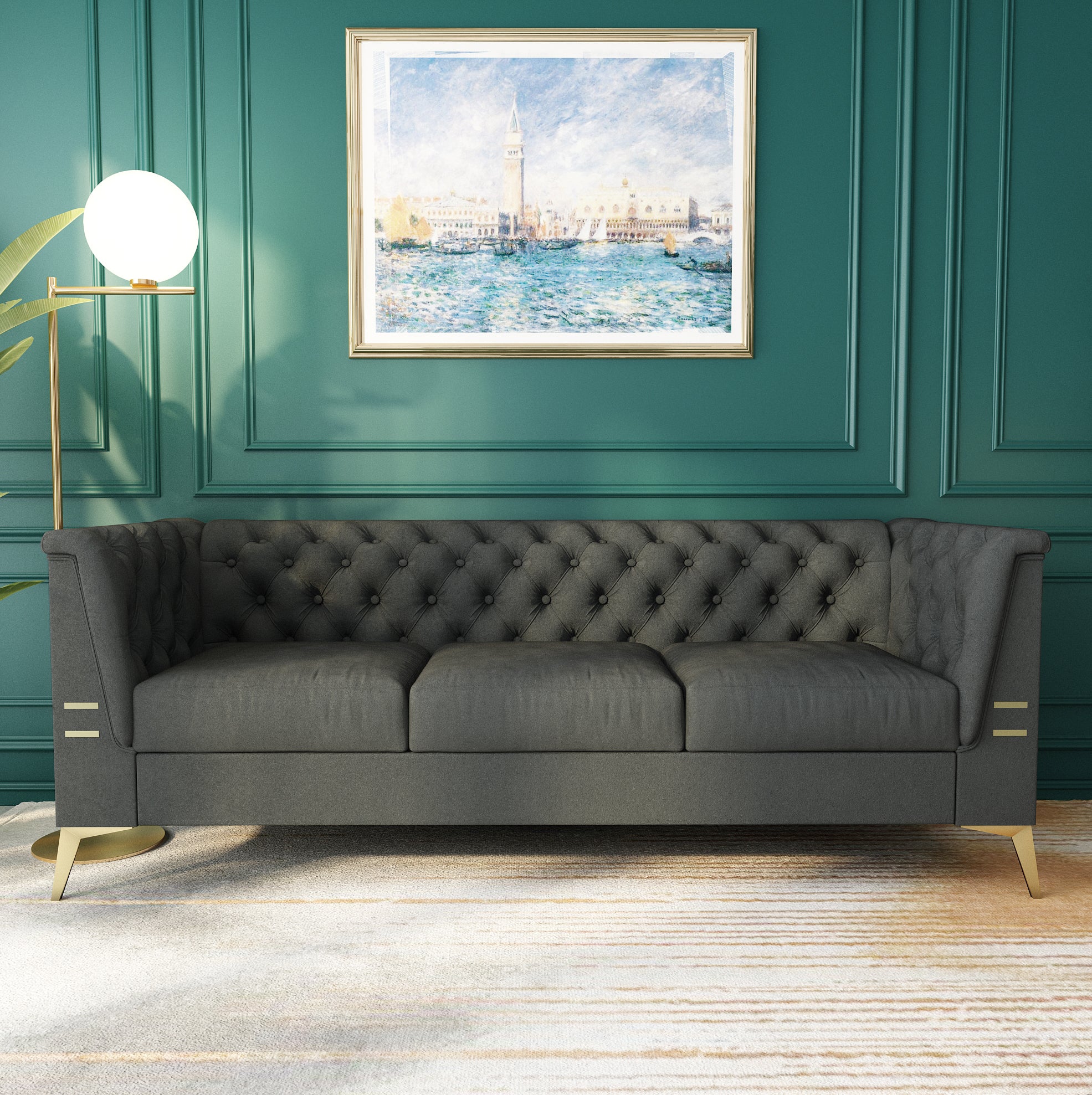 Velvet Chesterfield Style Sofa with Flared Arms and Tufted Back for Home Living Room - 3 seats Sofa Gray