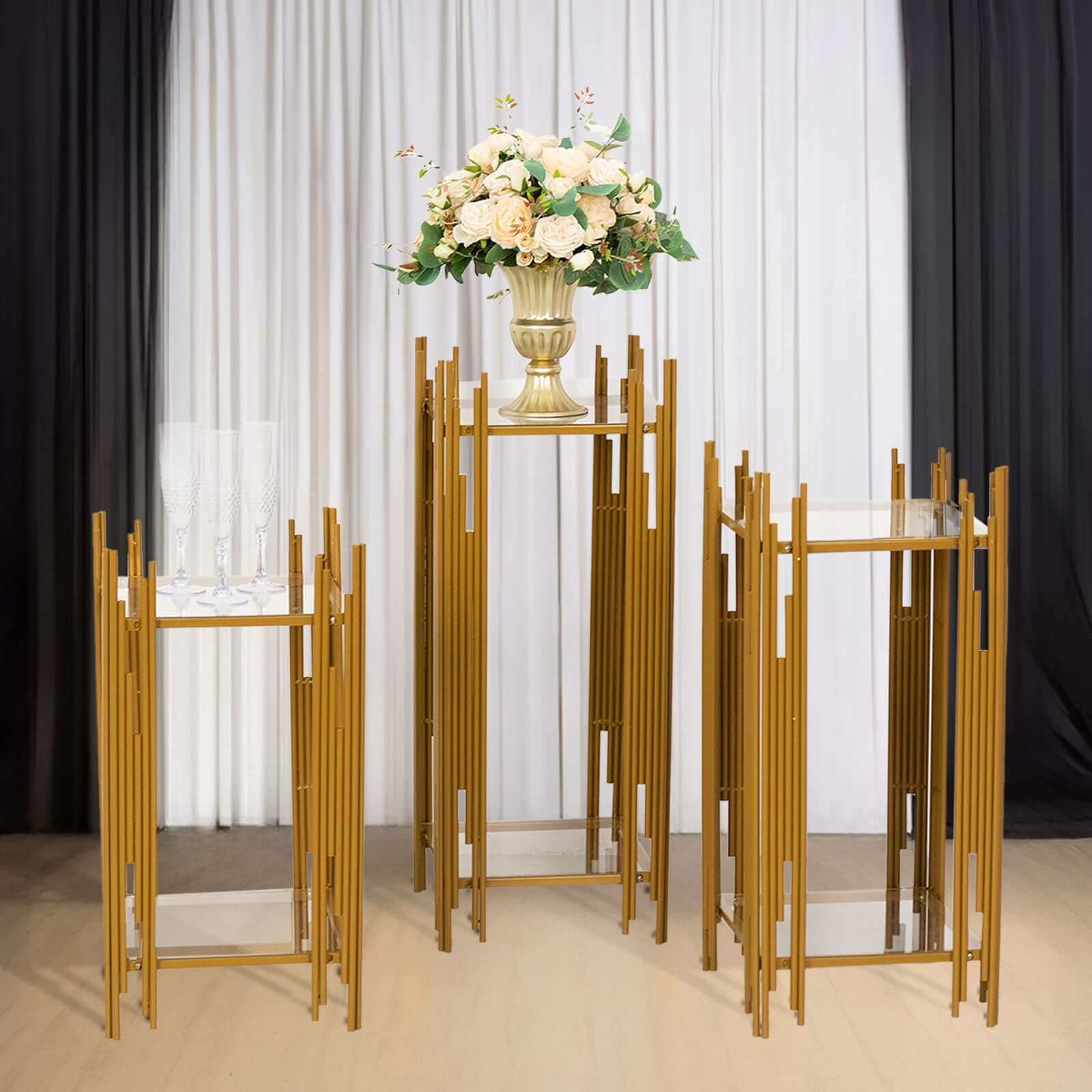 Set of 3 Gold Metal Plinths Flower Display Stands With Square Acrylic Plates, Wedding Cake Table Pedestal Stands - 26