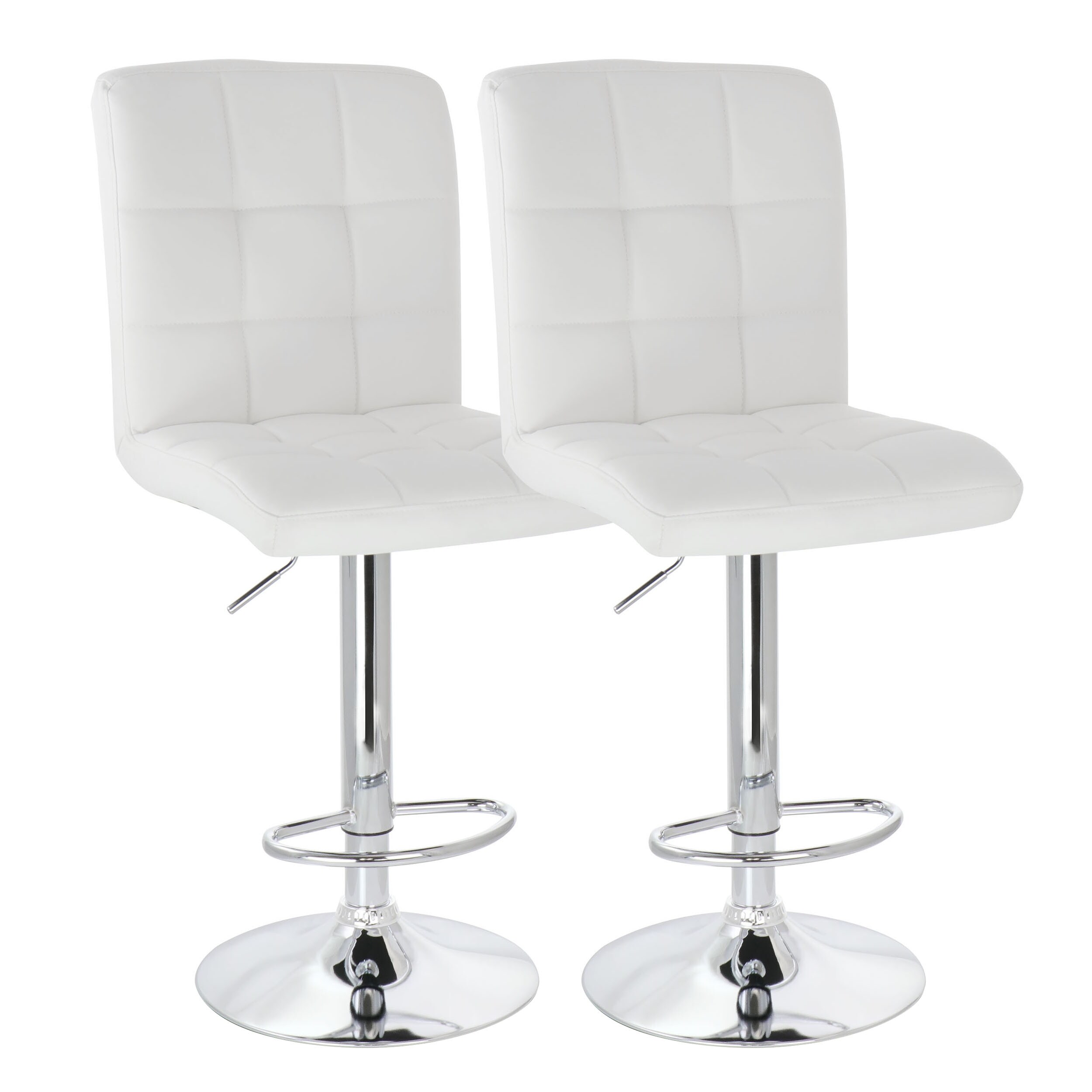 Elama Square Tufted Faux Leather Modern Bar Stool White Adjustable Swivel Base Set of 2