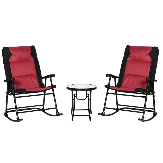 Outsunny 3 Piece Outdoor Patio Furniture Set With Glass Coffee Table amp 2 Folding Padded Rocking Chairs Bistro Style For Porch Camping Balcony