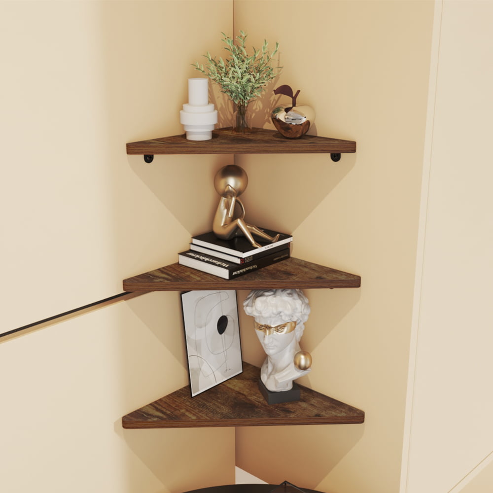 Triangular Corner Wall Shelf Set of 6, Multiple Size Rustic Floating Corner Shelves for Bedroom, Living Room, Brown