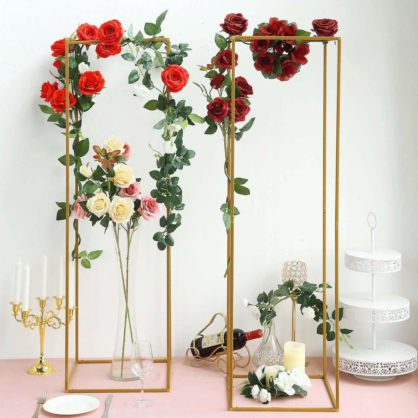 2 Pack Rectangular Gold Metal Wedding Flower Stand, Geometric Column Frame Centerpiece 48