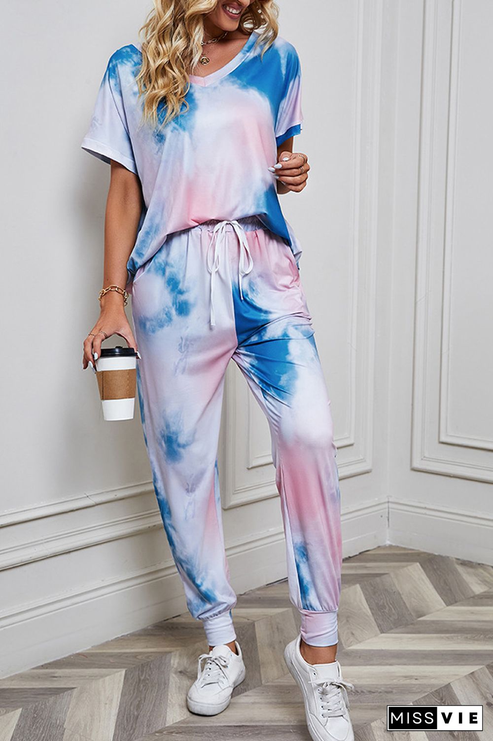 Tie Dye Short Sleeve Top and Drawstring Pants Two Pieces Set