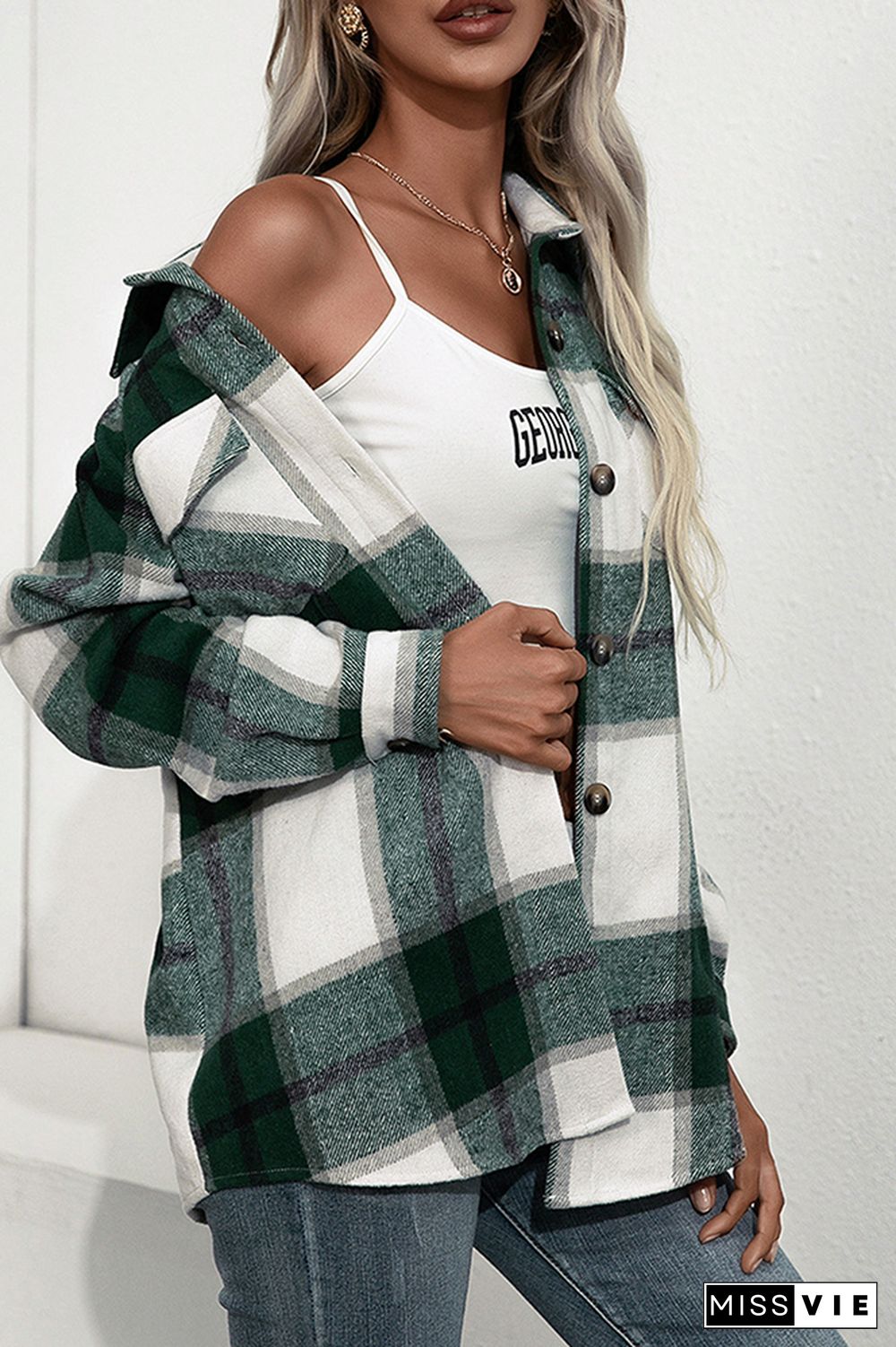 Plaid Button Down Pocketed Shacket Jacket Coats Women Wholesale