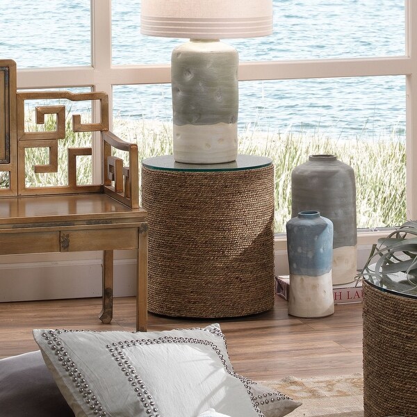 20” Brown and Clear Harbor Side Table in Sea-grass and Glass Finish