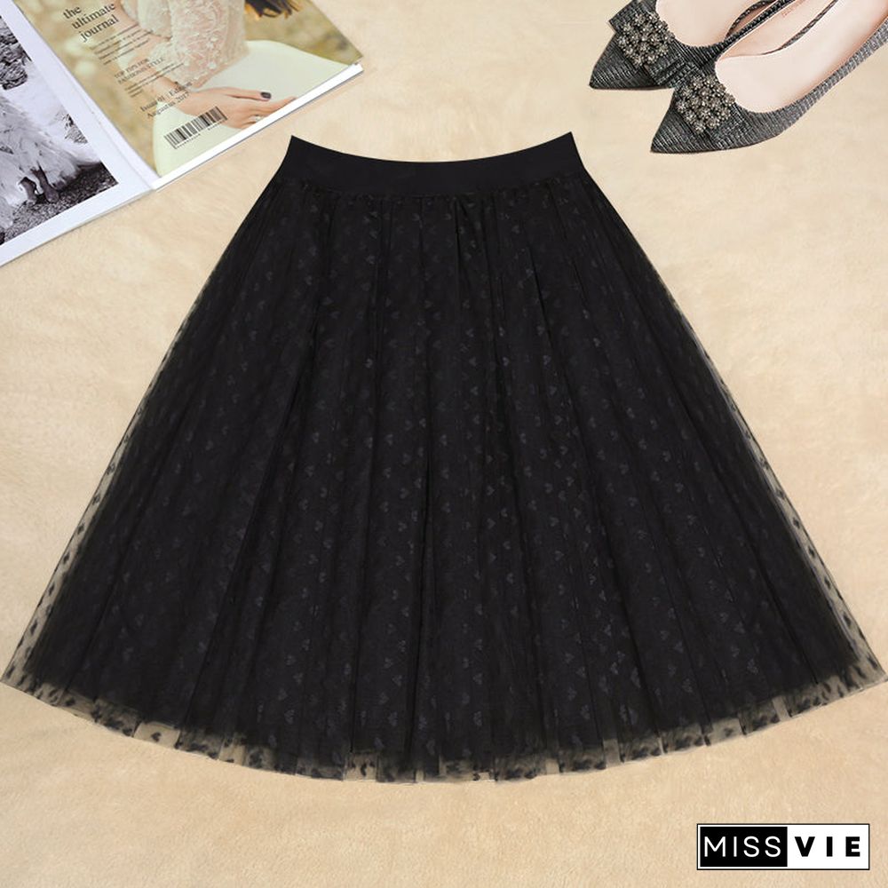 Women Black Dot tulle Box Pleats Skirts Summer