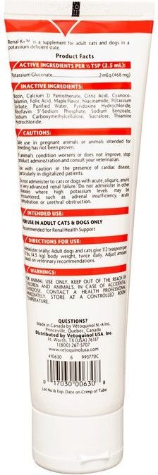 Vetoquinol Renal K+ Gel Kidney Supplement for Cats and Dogs