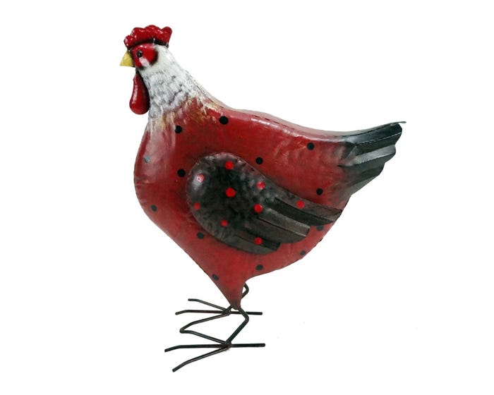 Alpine Polka Dot Red and Brown Standing Metal Hen Décor - JUM438HH