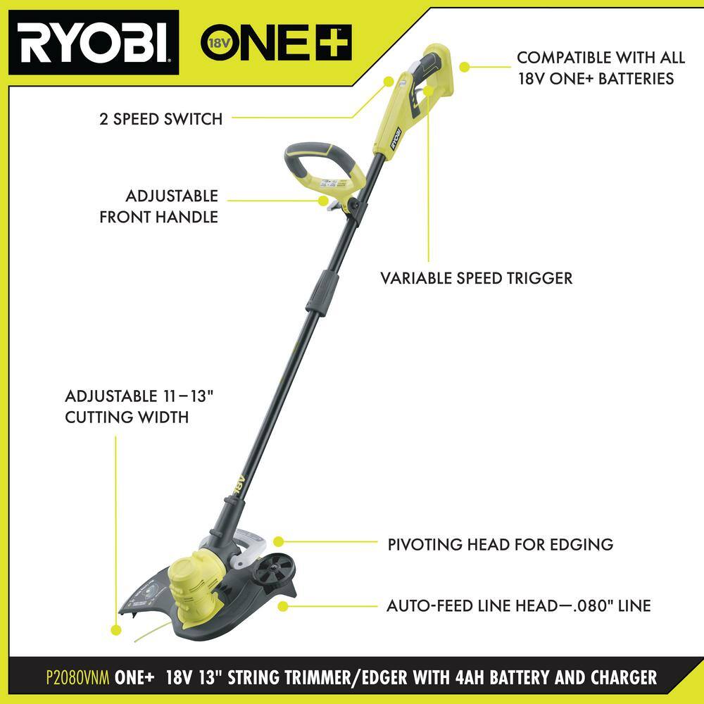 RYOBI ONE+ 18V 13 in. Cordless Battery String Trimmer Blower and Hedge Trimmer Combo Kit with 4.0 Ah Battery and Charger P2080-64x