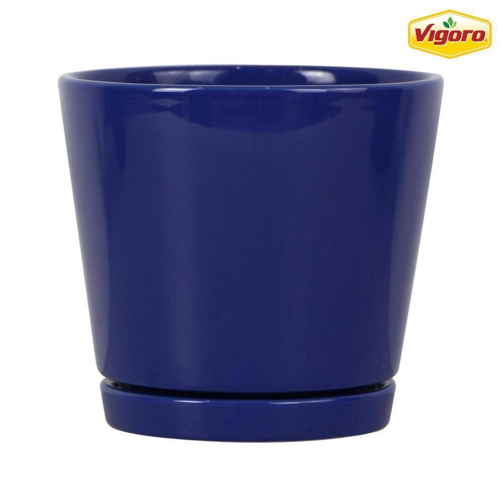 Vigoro 6 in. Piedmont Small Blue Ceramic Planter (6 in. D x 5.7 in. H) with Drainage Hole and Attached Saucer CR01721S-06M2