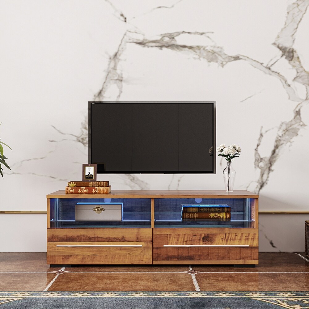 Mid century Modern Style TV Stand with 2 Drawers and LED Light