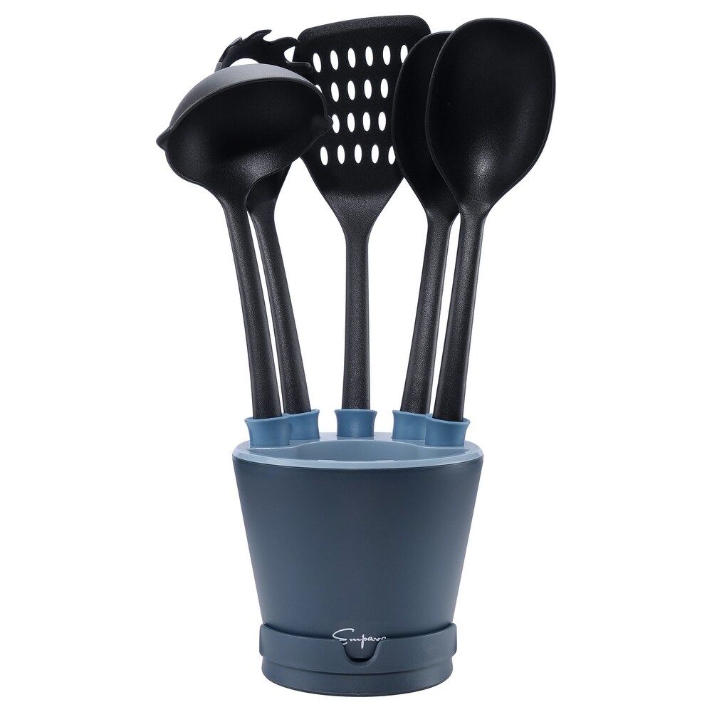 Crock Sets with 5 Pieces Kitchen Utensil with Spoon Rest  Ladle  Spaghetti Spoon  Slotted Turner  Solid Spoon  Slotted Spoon