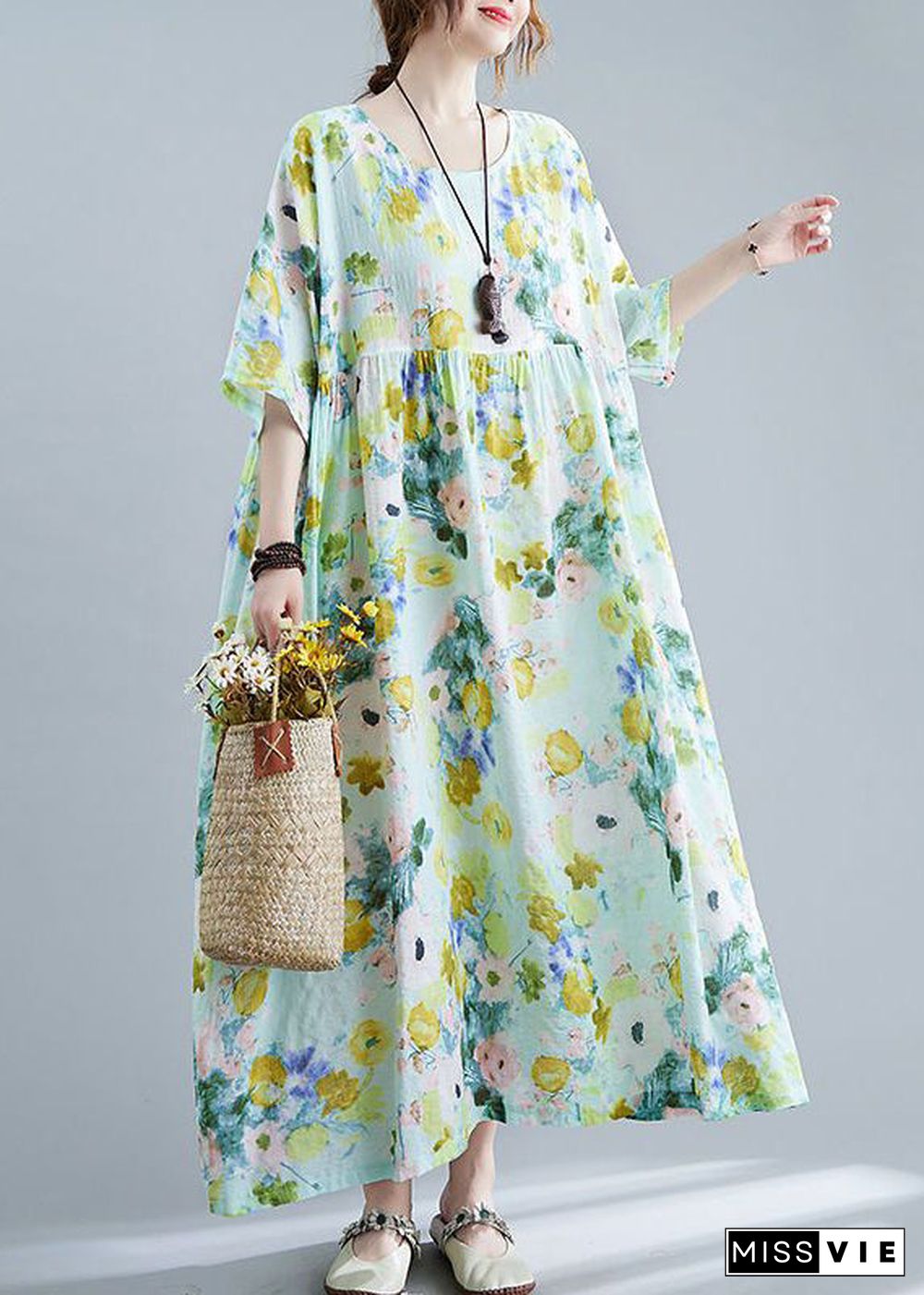 Elegant Green Oversized Print Cotton Maxi Dresses Summer