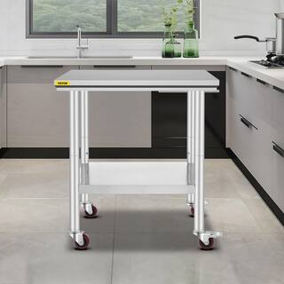 VEVOR Commercial Prep Table 29.9 x 23.6 in. Stainless Steel Table with Casters Kitchen Utility Table for RestaurantSilver SYGZT30X24INDJL01V0