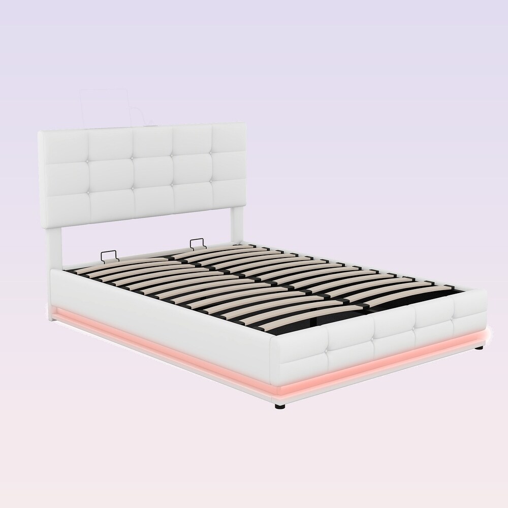 Modern Upholstered Storage Bed with LED Lights and USB charger