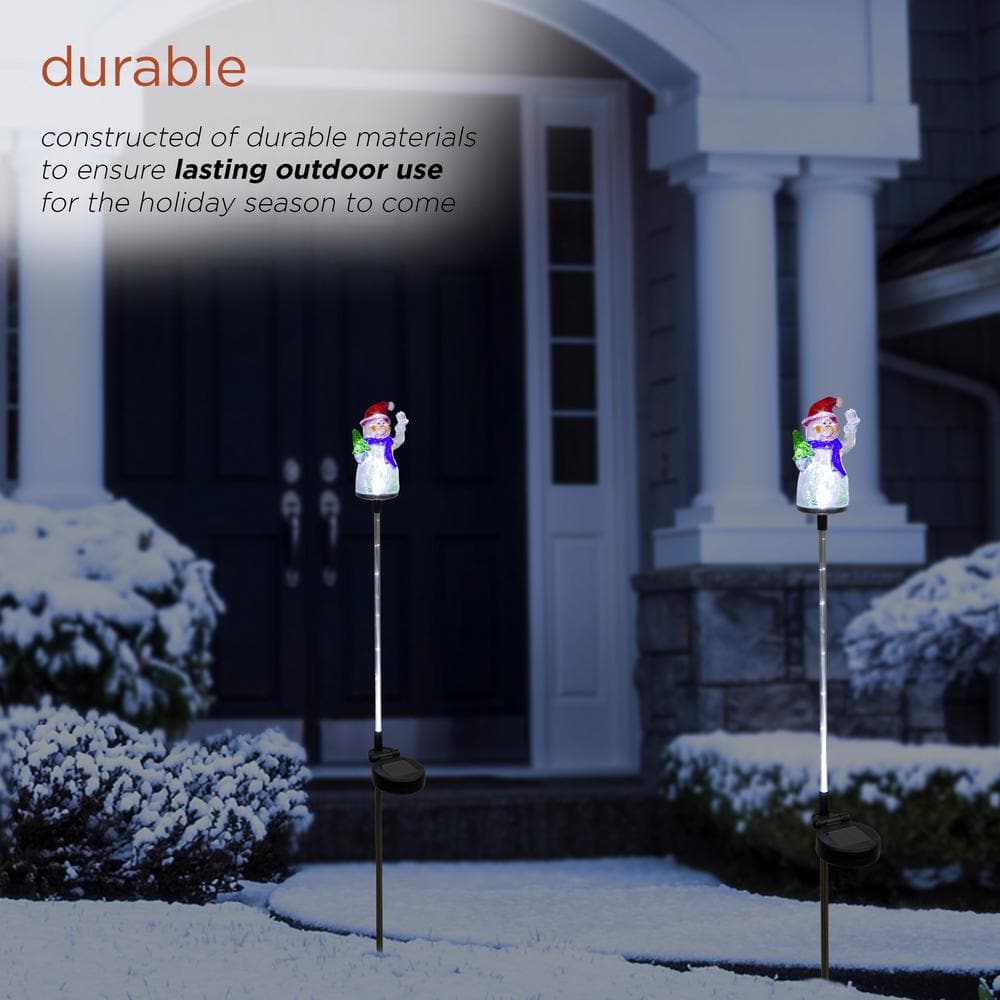 Alpine Corporation 34 in. Tall Solar Snowman Fiber Optic Garden Stake with LED Lights, Set of 2 QLP1103SLR-2