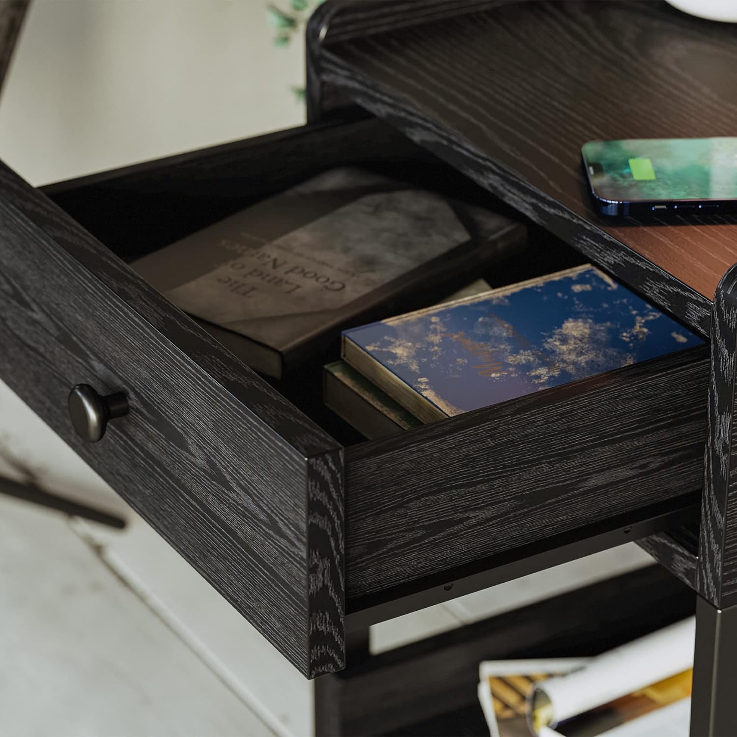 Nightstand Bedside Table with Charging Station, Small End Table with Storage Drawer and Shelf, Vintage Brown