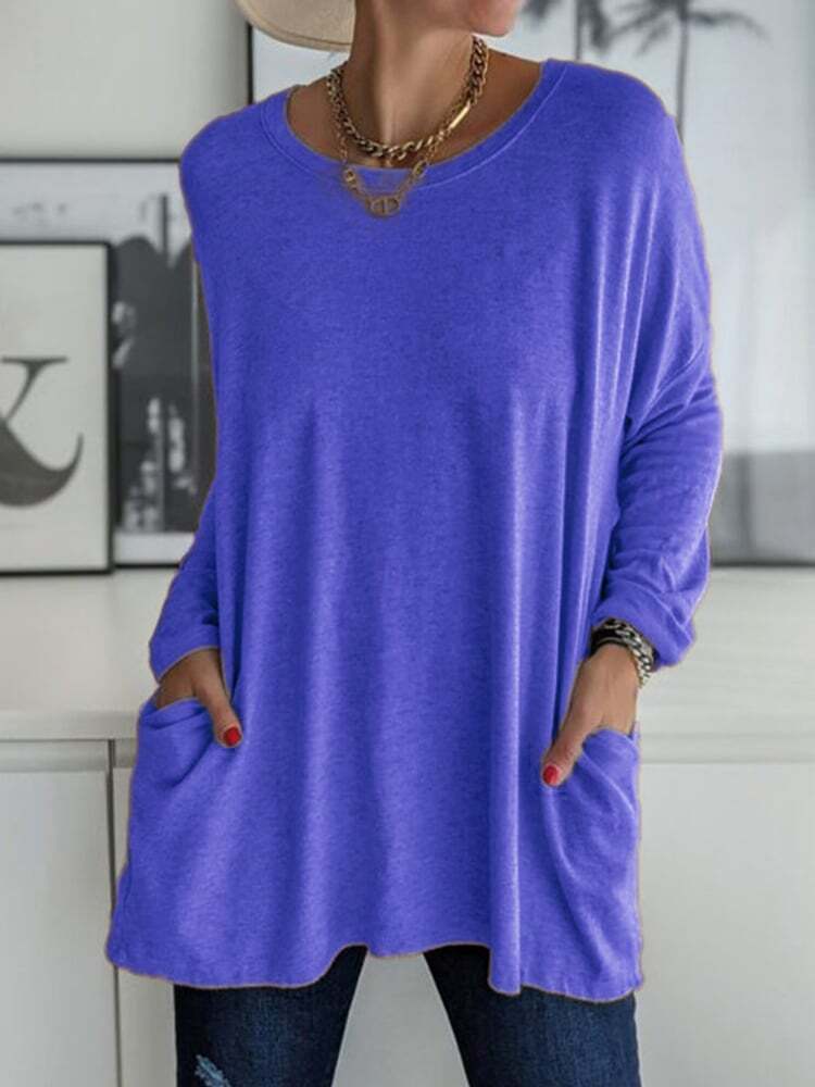 Solid Pocket Round Neck Long Sleeve T-Shirt