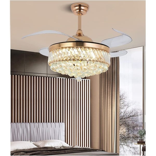 Crystal Ceiling Fan with Light Remote Control Chandelier Retractable Fandelier， Luxury 3 Color Lighting for Dining Room Shopping - The Best Deals on Ceiling Fans | 41540798